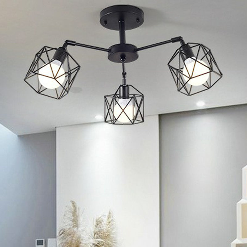 Industrial Flush Mount Ceiling Light With Black Hexagonal Iron Cage - Perfect For Living Room 3 /