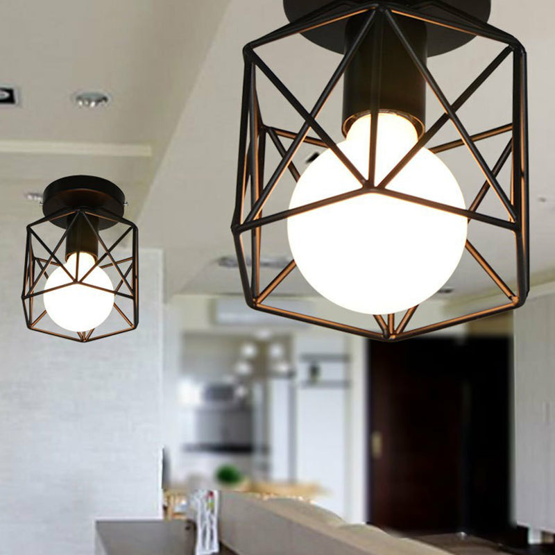 Industrial Flush Mount Ceiling Light With Black Hexagonal Iron Cage - Perfect For Living Room 1 /