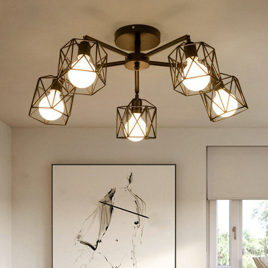 Industrial Flush Mount Ceiling Light With Black Hexagonal Iron Cage - Perfect For Living Room 5 /