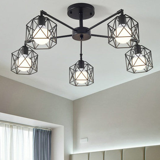 Industrial Flush Mount Ceiling Light With Black Hexagonal Iron Cage - Perfect For Living Room