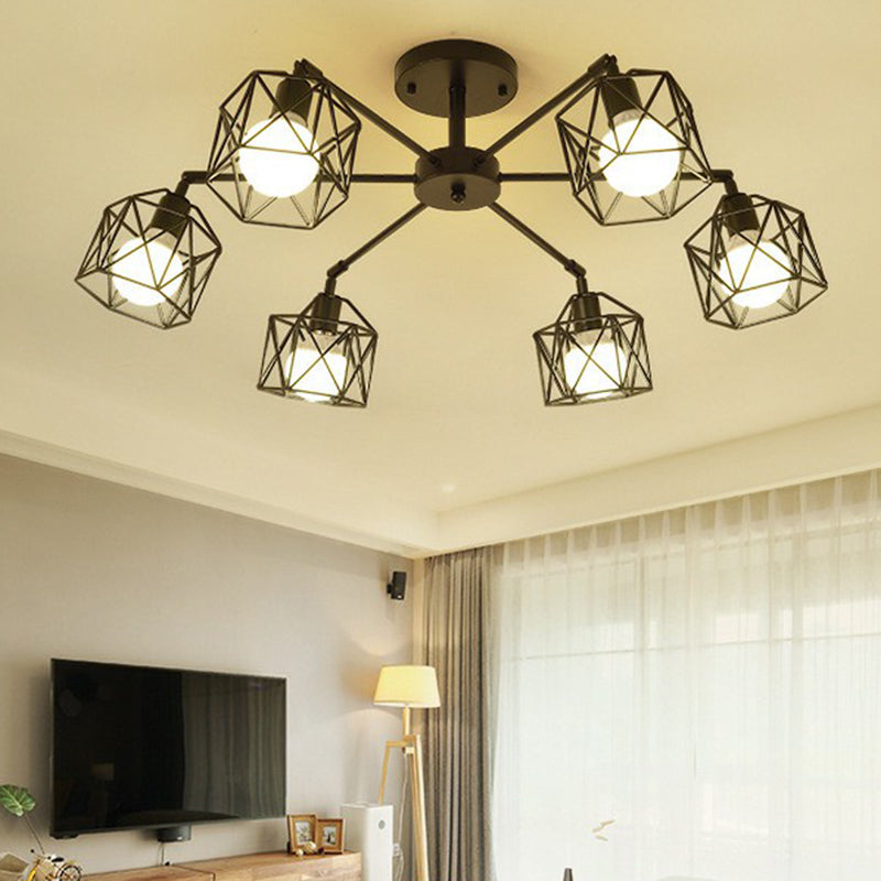 Industrial Flush Mount Ceiling Light With Black Hexagonal Iron Cage - Perfect For Living Room 6 /