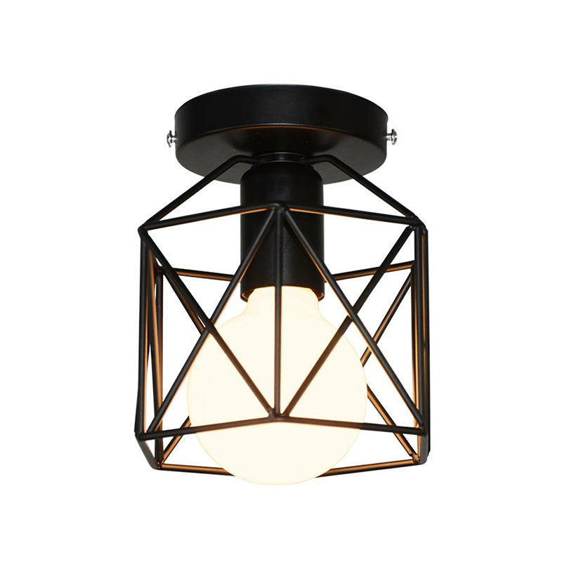 Industrial Flush Mount Ceiling Light With Black Hexagonal Iron Cage - Perfect For Living Room