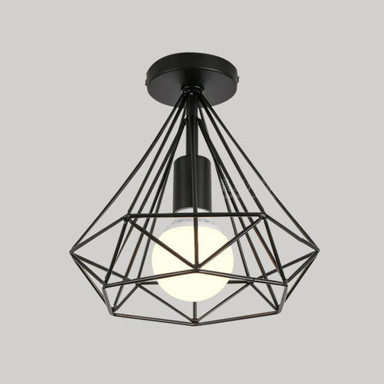 Vintage Iron Wire Geometric Flush Mount Single-Bulb Ceiling Fixture For Aisle Lighting Black / A