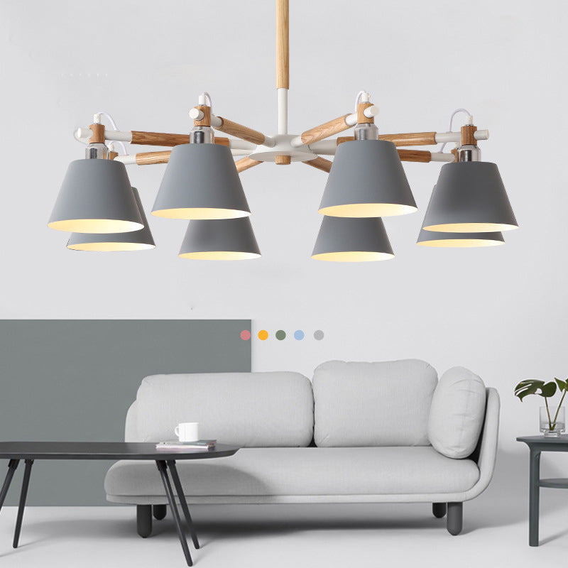 Conical Metal Pendant Lamp With Macaron Wood Design - Stylish Ceiling Chandelier Light For Living