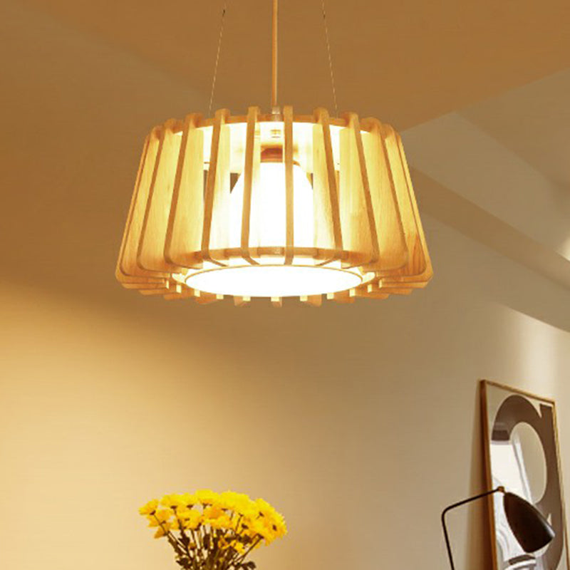 Modern 1-Light Wooden Drum Pendant Lamp with Inner Fabric Shade