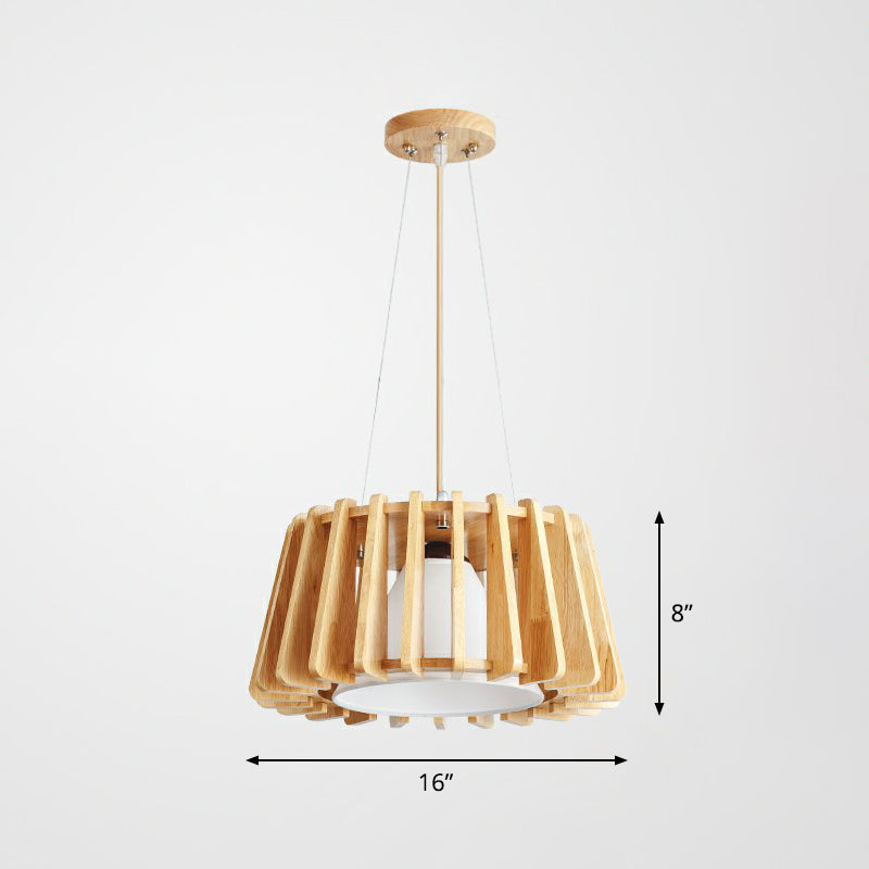 Contemporary Wooden Drum Suspension Lamp With Conical Fabric Shade - 1-Light Pendant Fixture Wood