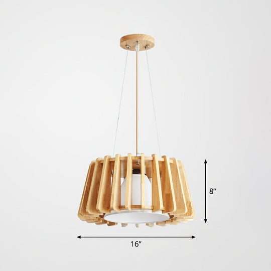 Contemporary Wooden Drum Suspension Lamp With Conical Fabric Shade - 1-Light Pendant Fixture Wood