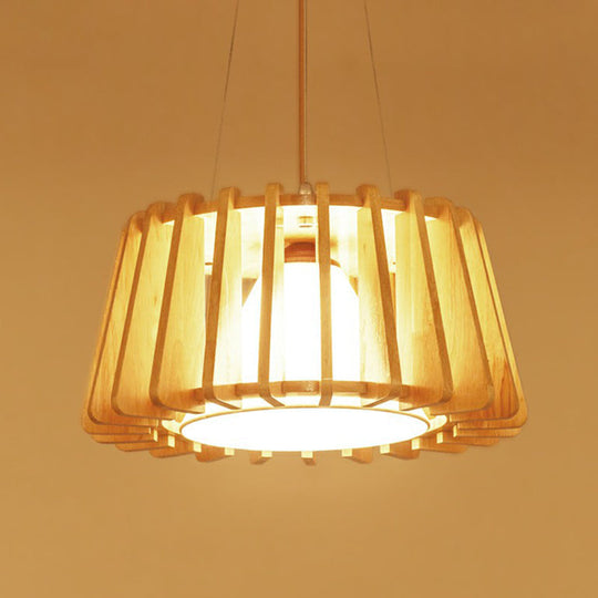 Modern 1-Light Wooden Drum Pendant Lamp with Inner Fabric Shade