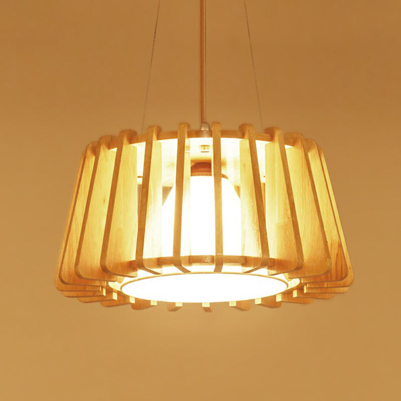 Contemporary Wooden Drum Suspension Lamp With Conical Fabric Shade - 1-Light Pendant Fixture