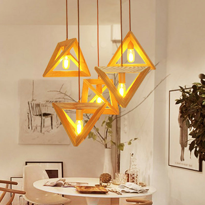 Modern Beige Pendant Lamp With Triangular Wooden Frame - 1-Head Dining Room Ceiling Hang Light Wood
