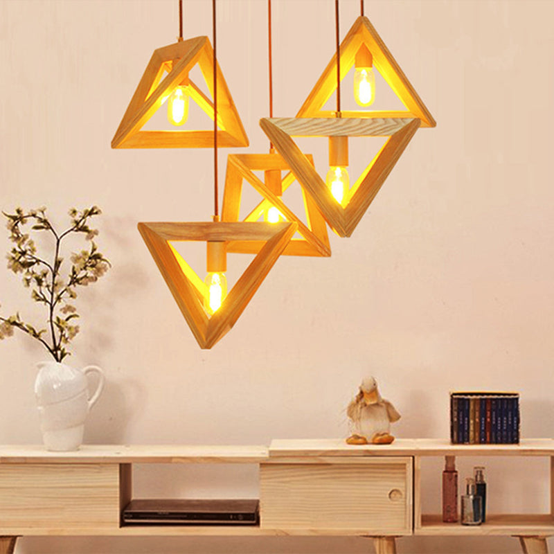 Modern Beige Pendant Lamp With Triangular Wooden Frame - 1-Head Dining Room Ceiling Hang Light