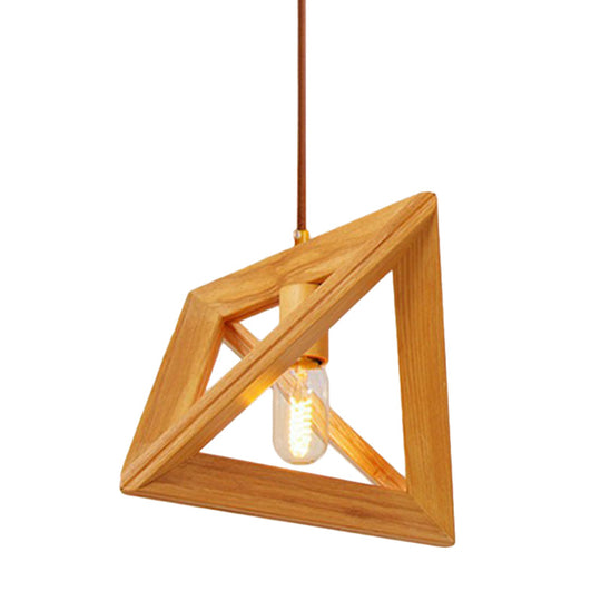 Modern Beige Pendant Lamp With Triangular Wooden Frame - 1-Head Dining Room Ceiling Hang Light