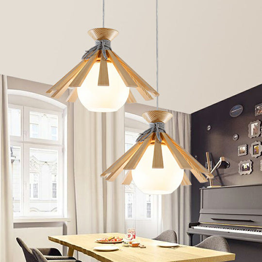 Modern Conical Wood Pendant Light Kit - 1-Light Down Lighting With White Dome Glass Shade