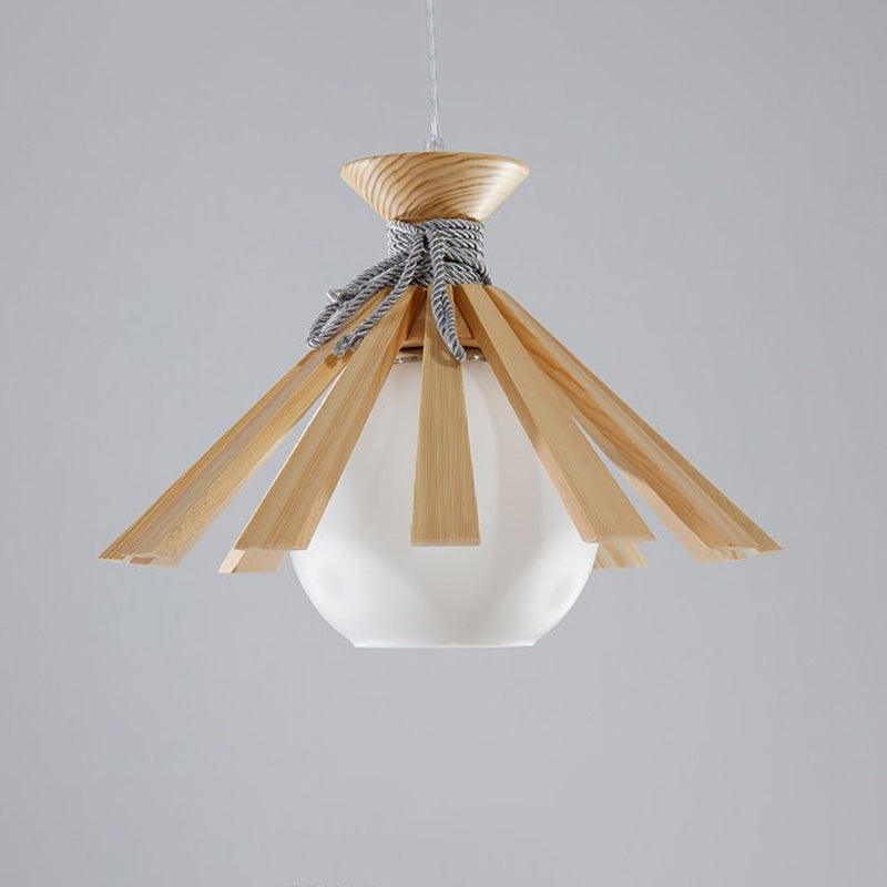 Modern Conical Wood Pendant Light Kit - 1-Light Down Lighting With White Dome Glass Shade