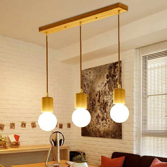 Minimalist Wooden Pendant Light Fixture With 3 Beige Lamp Heads Wood / Linear