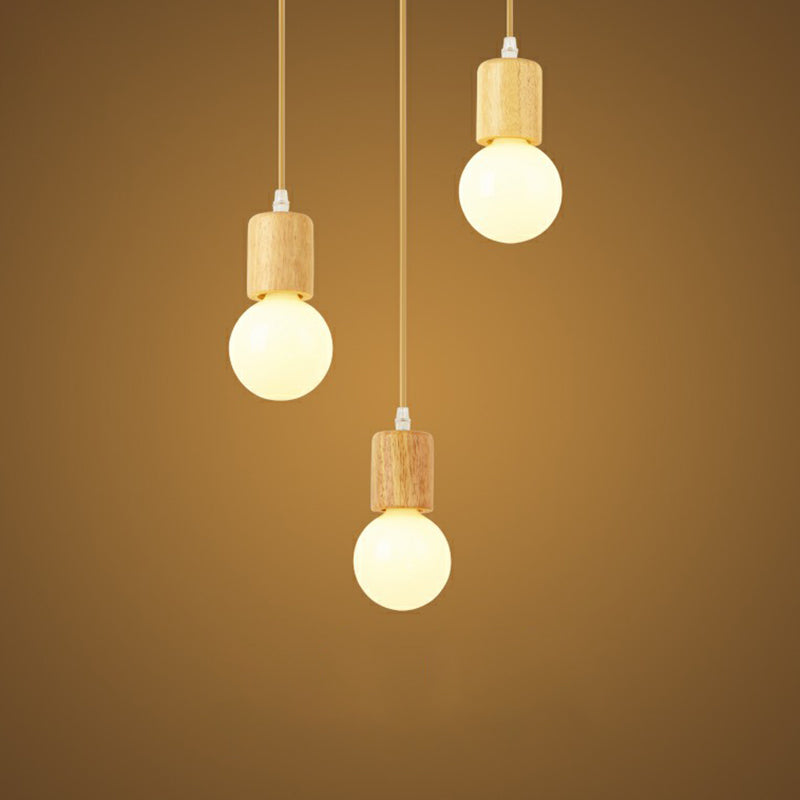 Minimalist Wooden Pendant Lamp with 3 Beige Suspension Lights - Contemporary Bare Bulb Fixture