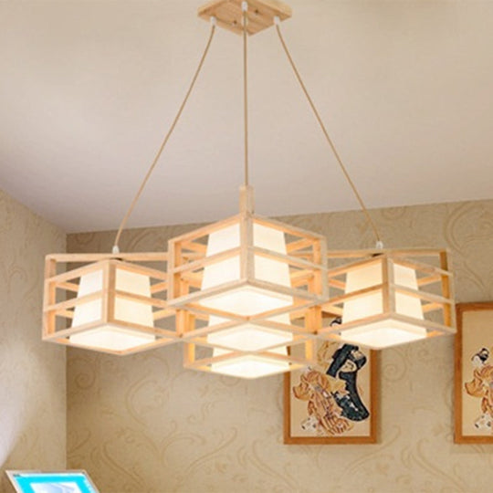 Wooden Cage Style Nordic Pendant Chandelier With 5-Head Beige Multi Pendants And Opal Glass Shade