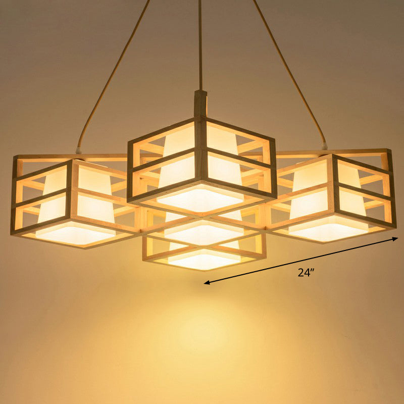 Nordic 5-Head Wooden Pendant Chandelier with Opal Glass Shades - Symmetric Cage Style and Beige Finish