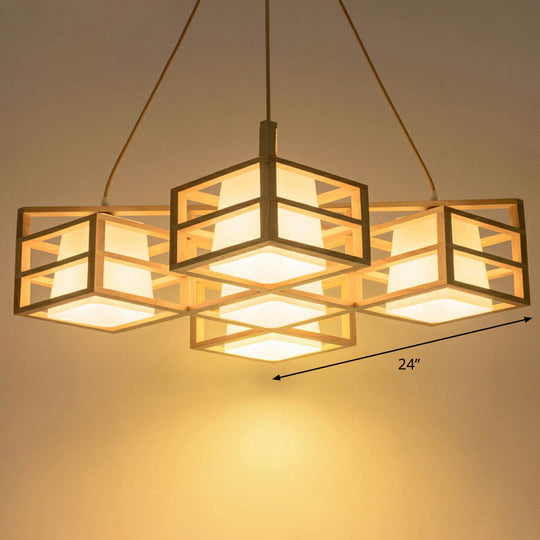Wooden Cage Style Nordic Pendant Chandelier With 5-Head Beige Multi Pendants And Opal Glass Shade