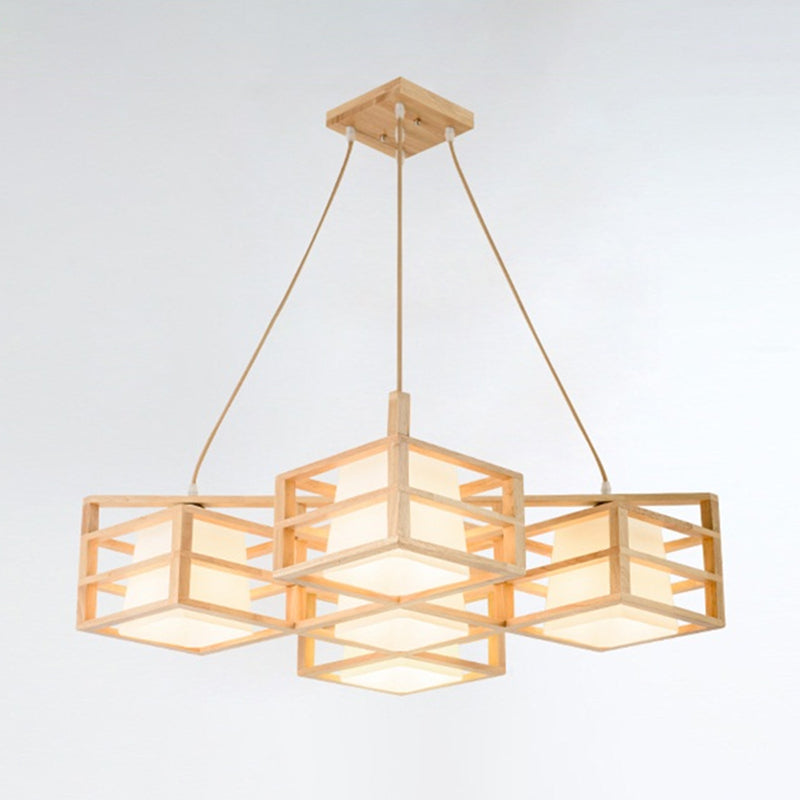 Nordic 5-Head Wooden Pendant Chandelier with Opal Glass Shades - Symmetric Cage Style and Beige Finish