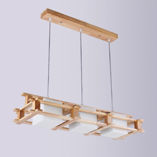 Nordic Milk Glass Island Light - Rectangular 3-Light Beige Suspension Lamp With Wooden Cage