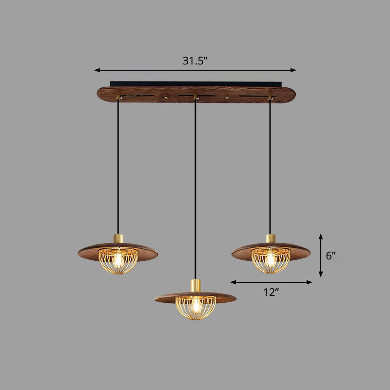 Contemporary Disc Pendant Light With Wooden Finish And Cage Bottom - 1-Light Ceiling Lighting 3 /