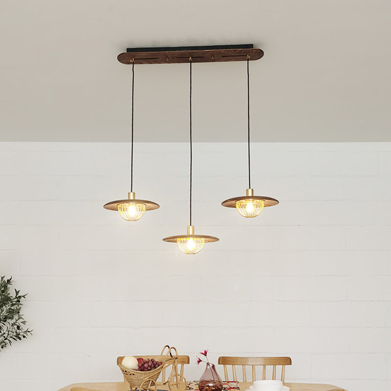 Contemporary Disc Pendant Light With Wooden Finish And Cage Bottom - 1-Light Ceiling Lighting