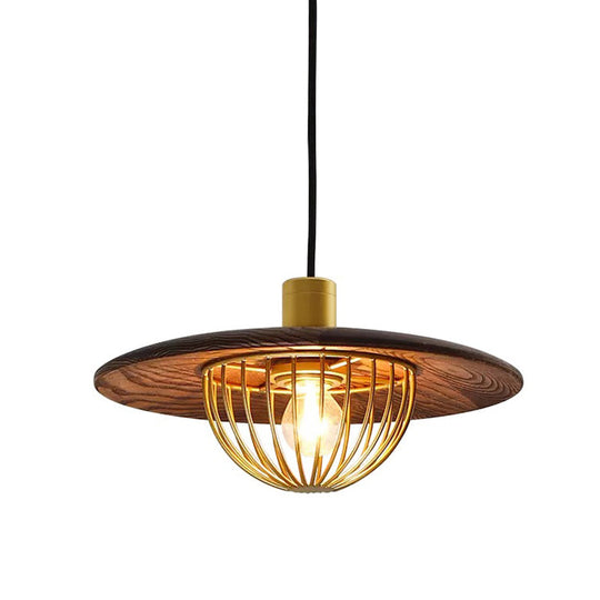 Contemporary Disc Pendant Light With Wooden Finish And Cage Bottom - 1-Light Ceiling Lighting