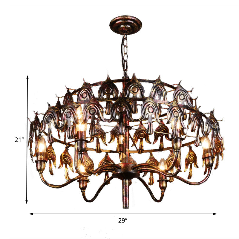 Rustic Copper Pendant Chandelier - 9-Light Country Metal Fixture For Living Room