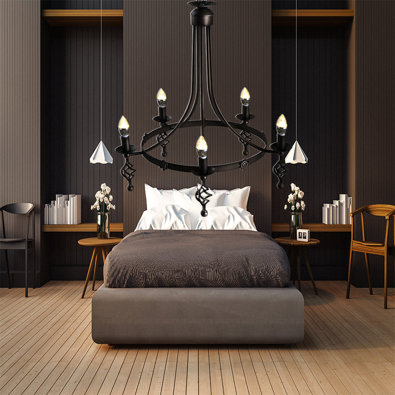 Country Metal 5-Light Round Chandelier: Black Hanging Pendant Lamp For Bedroom