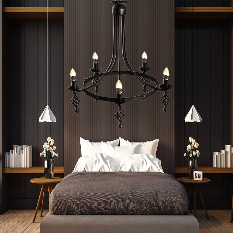 Country Metal 5-Light Round Chandelier: Black Hanging Pendant Lamp For Bedroom