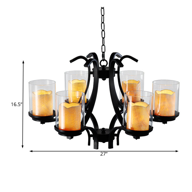 6-Light Country Black Chandelier With Marble And Glass Shades For Dining Room Ceiling