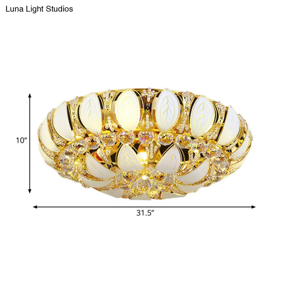 23.5’/31.5’ Contemporary Crystal And Glass Round Flush Ceiling Light With Leaf Pattern In Gold