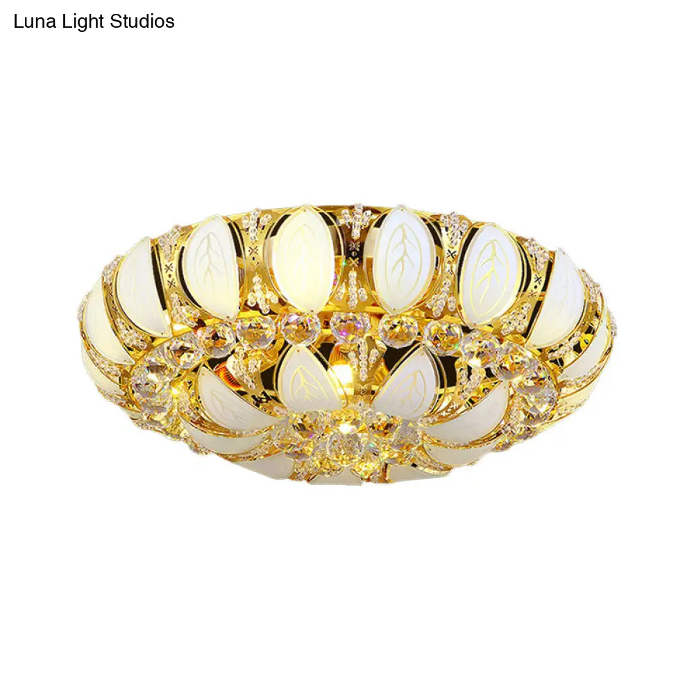 23.5/31.5 Contemporary Crystal And Glass Round Flush Ceiling Light With Leaf Pattern In Gold