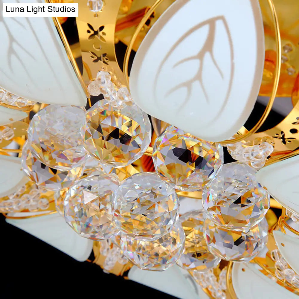 23.5/31.5 Contemporary Crystal And Glass Round Flush Ceiling Light With Leaf Pattern In Gold