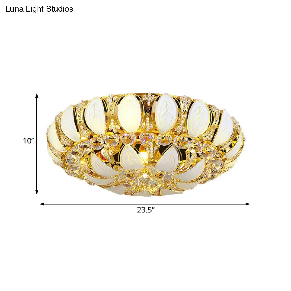 23.5’/31.5’ Contemporary Crystal And Glass Round Flush Ceiling Light With Leaf Pattern In Gold