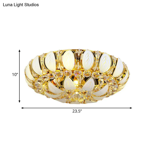 23.5’/31.5’ Contemporary Crystal And Glass Round Flush Ceiling Light With Leaf Pattern In Gold