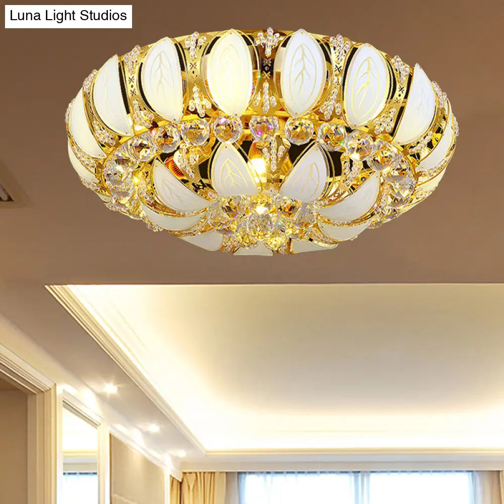 23.5’/31.5’ Contemporary Crystal And Glass Round Flush Ceiling Light With Leaf Pattern In Gold