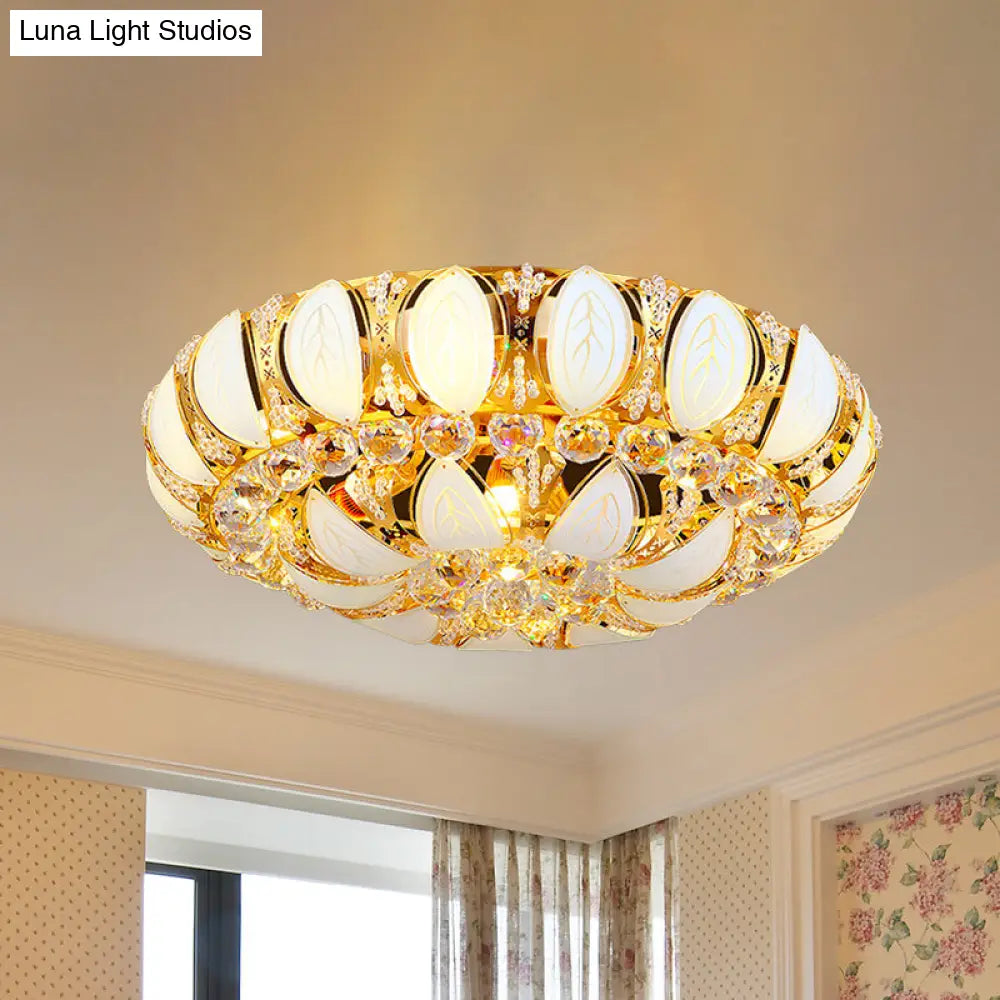 23.5/31.5 Contemporary Crystal And Glass Round Flush Ceiling Light With Leaf Pattern In Gold / 23.5