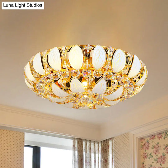 23.5/31.5 Contemporary Crystal And Glass Round Flush Ceiling Light With Leaf Pattern In Gold / 23.5