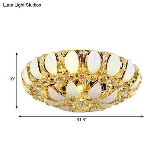 23.5/31.5 Contemporary Crystal And Glass Round Flush Ceiling Light With Leaf Pattern In Gold