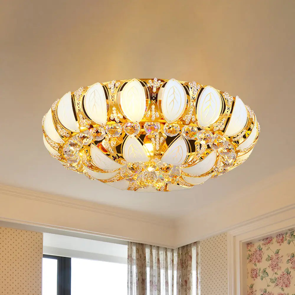 23.5’/31.5’ Contemporary Crystal And Glass Round Flush Ceiling Light With Leaf Pattern In Gold