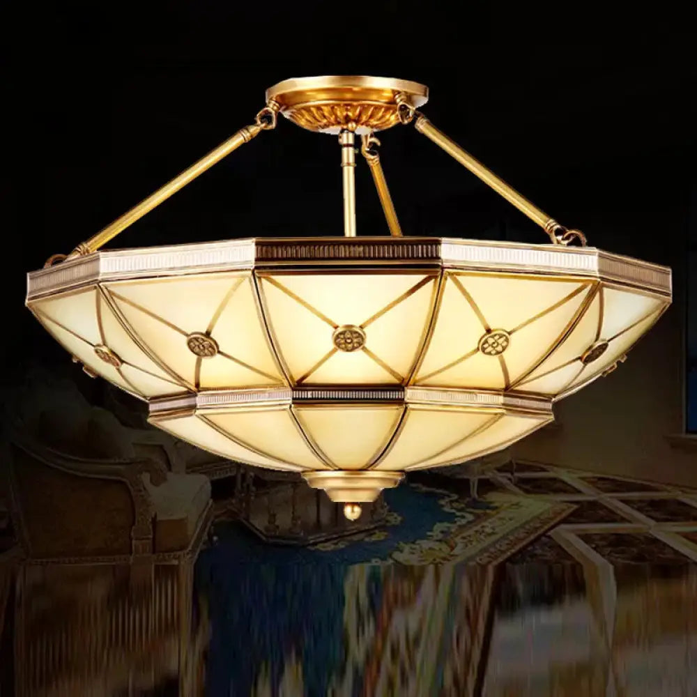 23.5’/32’ W 6/9 - Light Semi Flush Mount Umbrella Frosted Glass Light Traditional Brass Style /