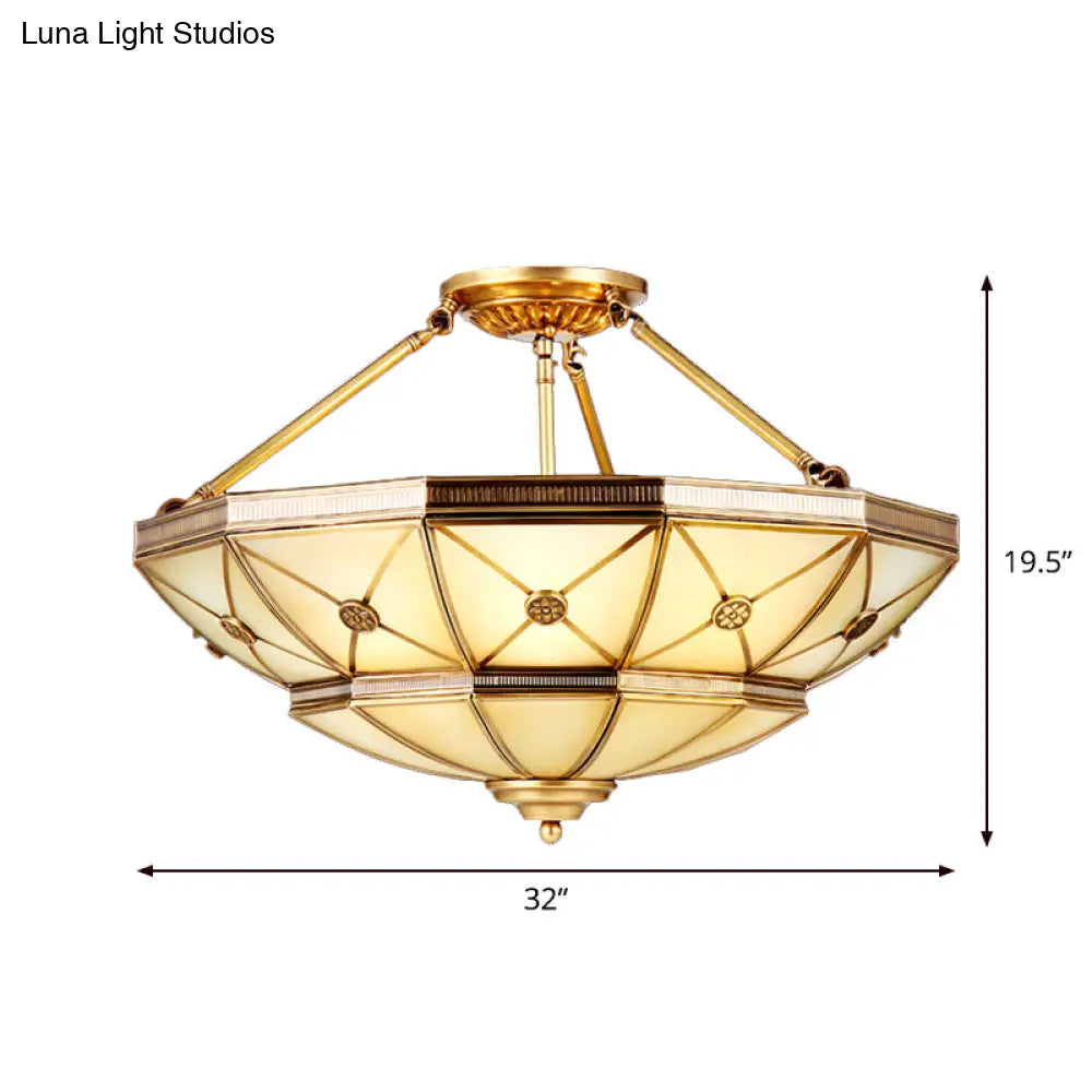 23.5’/32’ W 6/9 - Light Semi Flush Mount Umbrella Frosted Glass Light Traditional Brass Style