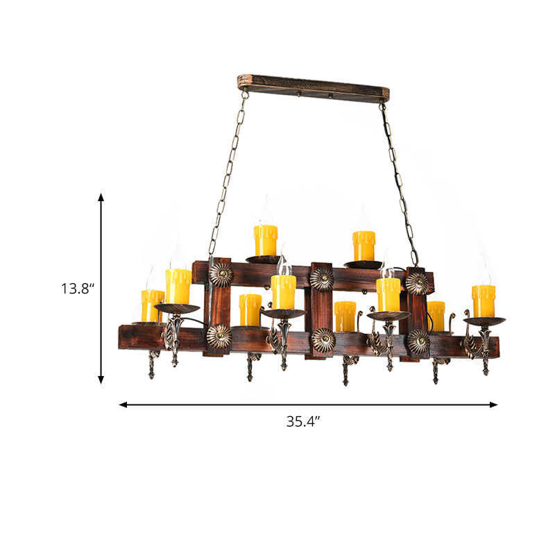 Country Style Wooden Island Lighting Fixture - Brown Candle Design 7/10 Heads Ideal For Dining Room