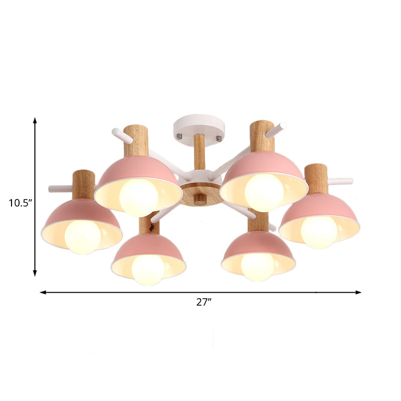 Modernist Pink/Green Dome Chandelier - Radial Design 6-Light Led Hanging Lamp Fixture