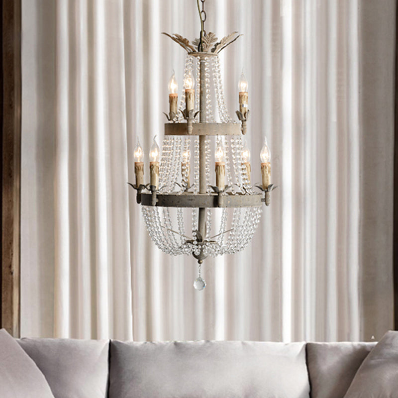 Modern 2-Tier Ceiling Chandelier With Clear Crystal 9 Heads Hanging Light Fixture