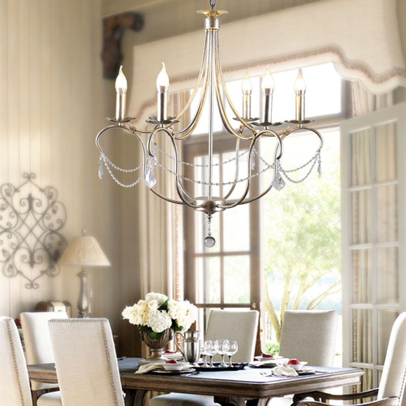 Retro Metal Candle Chandelier Lamp Pendant With Crystal Teardrop - Silver/Gold 6 Bulbs Dining Room