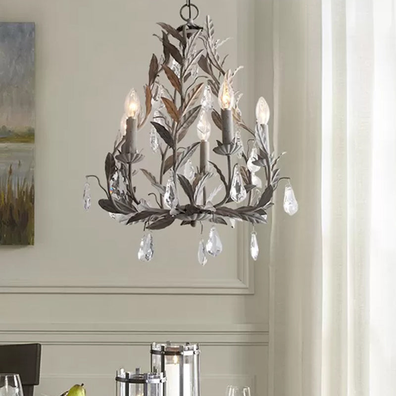 Modern Nordic Metal Branch Chandelier Lamp With Crystal Teardrop - Grey/White Pendant Light Fixture