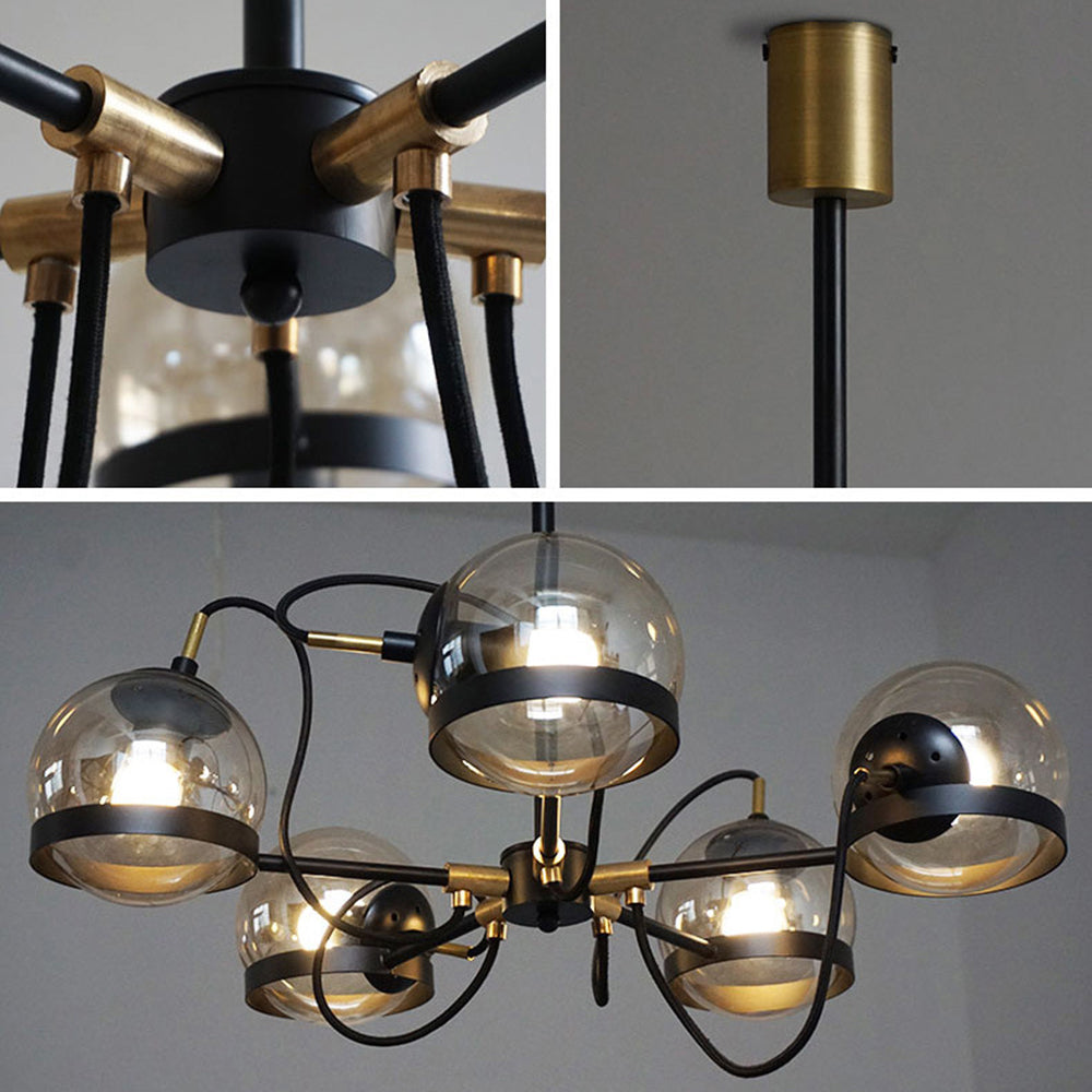 Modernist Multi-Light Pendant Chandelier: Global Clear Glass, Black/Gold, Inner Smoke Glass Ball Shade